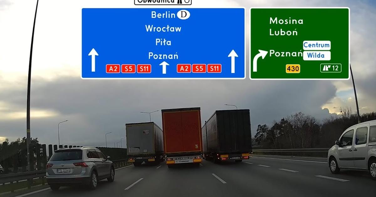 Wyprzedzanie trzech ciężarówek przez 6 km na A2 w Poznaniu